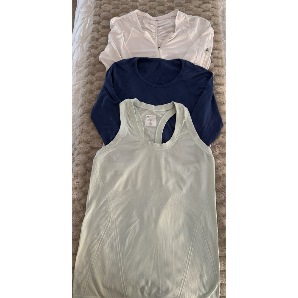 Athleta Womens Tank Green Racerback, White Half Zip, Blue Long Sleeve Lot Size S